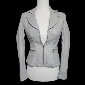 White House Black Market Gray Leather Moto Jacket with Zipper Diamond Detail